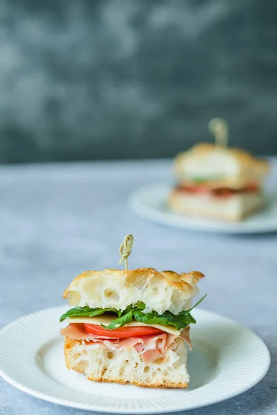 意大利菜 自制的土司罐头 有火腿 婴儿三明治 西红柿和盘中的牛油果 意大利扁豆面包 高质量的照片 — 图库照片