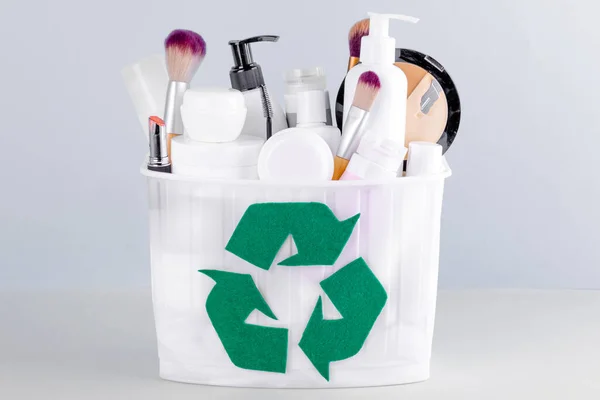 Waste sorting and cosmetic recycling products. Separate waste collection. Environmental protection and sustainability concept.