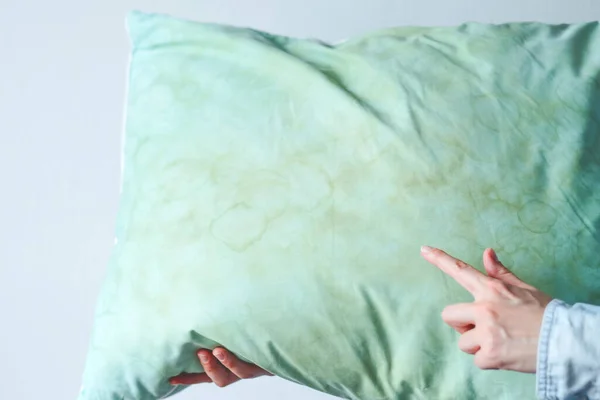 Female Hand Pointing Dirty Saliva Stains Pillow Long Using Cleaning Stock Image