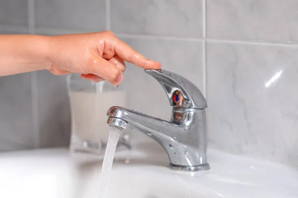 Faucet Bathroom Running Water Child Fix Water Leake Concept Water Stock Photo