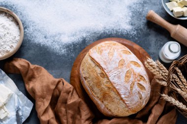 Merdaneli, sütlü, unlu taze pişmiş ekmek sepetin üzerine un serpilmiş buğday kulakları. Sağlıklı yemek, vejetaryen ekmeği. Üst Manzara. Yüksek kalite fotoğraf