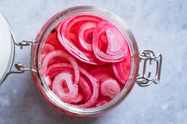 Close Pickled Red Onions Rings Glass Jar Gray Background Fermented Stock Photo