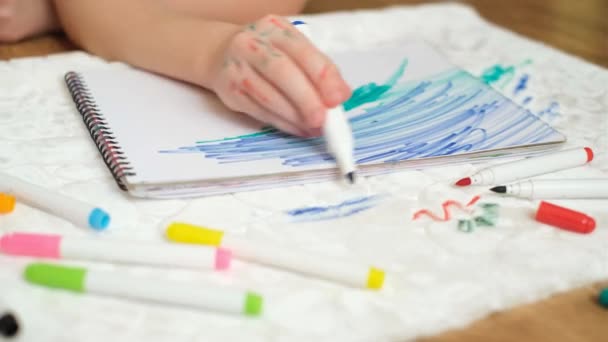 Unrecognizable Child Drawing Felt Tip Pens White Upholstered Furniture Sofa — Stock Video