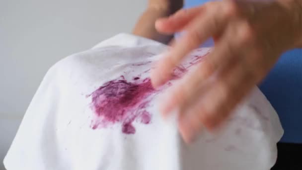 白い布にベリーやインクの汚れを示す手 汚れた服 クリーニングの概念のための汚れた汚れ 高品質の4K映像 — ストック動画
