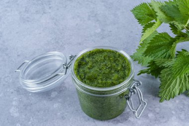 Gri arka planda kavanozdaki ısırgan otu sosu. Aperatif, sos ya da sos. Sağlıklı vejetaryen yemeği. Üst Manzara. Yüksek kalite fotoğraf