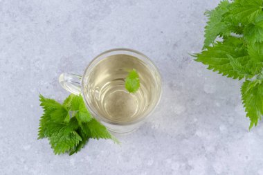 Herbal nettle tea and with fresh nettle leaves. Glass cup of nettle tea on a gray background. Weight loss and detox. Alternative medicine. top view. High quality photo clipart