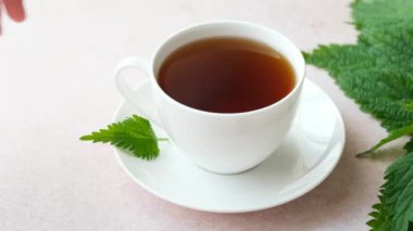Kadın ellerini kapat ve bir fincan bitkisel ısırgan otu çayı iç. Kilo kaybı ve detoks. Alternatif tıp. Yüksek kalite 4k görüntü