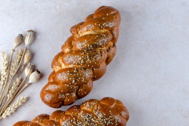 Hafif bir arka planda ev yapımı challah. Geleneksel Yahudi Şabat Challah ekmeği. Yahudi bayramı ve şenlikli pişirme kavramı. Metin için boşluk. Üst Manzara. Yüksek kalite fotoğraf