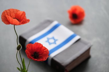İsrail bayrağıyla süslenmiş kapalı bir kitabın yanına yerleştirilmiş parlak kırmızı gelincikler. Savaş anıtı tatili. Yahudi Anma Günleri. Yüksek kalite fotoğraf