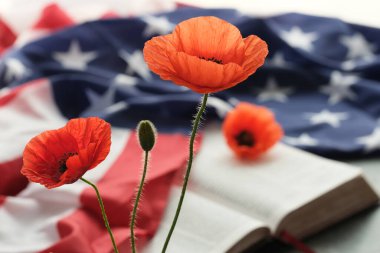 Amerikan bayrağı parlak haşhaş çiçeklerini gri arka planda açık bir İncil 'in üzerine süsledi. Anma Günü, Gaziler Günü ya da gri bir arkaplanda Anma Günü. 
