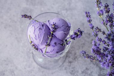 Kremalı lavantalı dondurma cam tabakta sunuluyor. Sağlıklı dondurulmuş tatlı. Tatlı vejetaryen kahvaltısı. Yüksek kalite fotoğraf