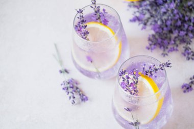 Lavanta, limon dilimleri ve kabarcıklarla sunulan canlı bir içecek ferahlatıcı bir ortam yaratır. Narin lavanta filizleri içkinin görsel cazibesini arttırır. Detoks ve vejetaryen içeceği. Üst Manzara. Yüksek kalite fotoğraf