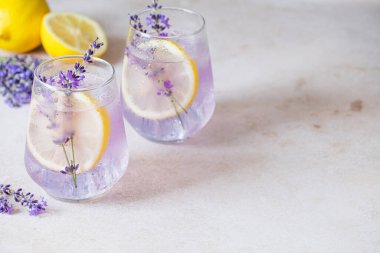 Ev yapımı limonata lavanta, limon dilimleri ve baloncuklarla sunulur. Ferahlatıcı bir ortam yaratır. Narin lavanta filizleri içkinin görsel cazibesini arttırır. Detoks ve vejetaryen içeceği. Üst Manzara. Yüksek kalite fotoğraf
