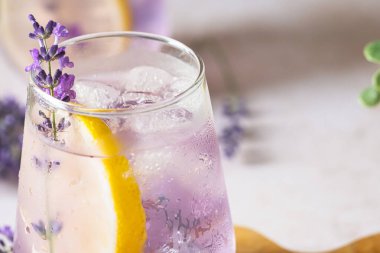  Kesme tahtasına sergilenen taze lavanta limonatasını kapat. Narin lavanta filizleri içkinin görsel cazibesini arttırır. Detoks ve bitkisel içecek. Üst Manzara. Yüksek kalite fotoğraf