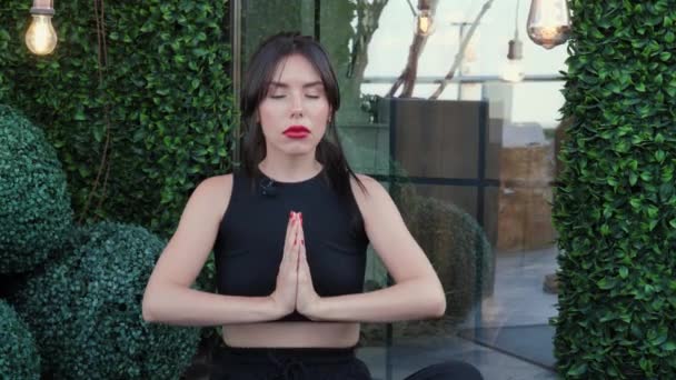 Beautiful Woman Practices Meditation Closed Eyes Feels Inner Harmony Balance — Stock Video