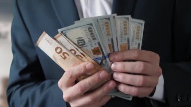 Tanınmayan iş adamı para sayar. Avro ve dolar elinde tuttuğu için çok şanslı. İki para biriminde başarılı işlem