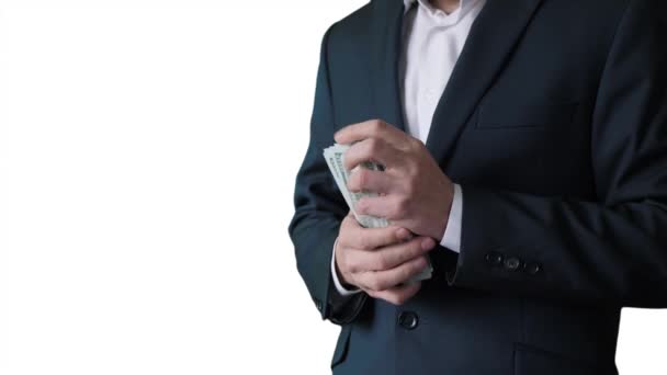 Αγνώριστος Επιχειρηματίας Κρύβει Χρήματα Λευκό Φόντο Τύπος Κρατάει Χαρτονομίσματα Και — Αρχείο Βίντεο