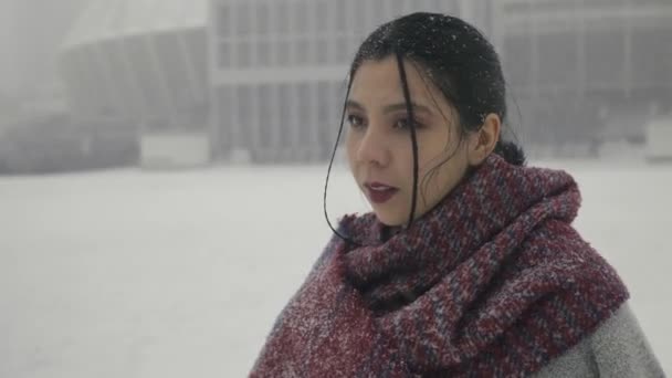 雪の都市の背景にスカーフを持つ暖かい服の女性 雪の間にアジアの女性 クローズアップ — ストック動画