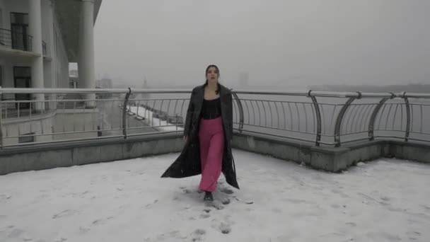 Modieuze Zanger Wandelt Winter Kijkend Naar Camera Japans Sexy Jonge — Stockvideo