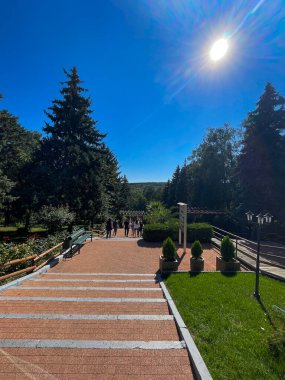 Sunny Park geçidinde insanlar uzun ağaçların altında geziniyor.