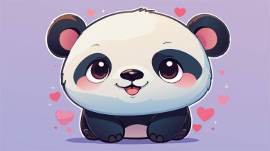 Sevimli kawaii panda şirin bir ifade ve kalp ile