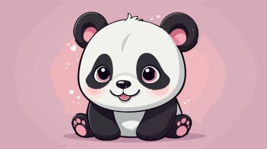 Pembe gözlü sevimli kawaii panda ve pastel arka planda sevimli bir ifade.