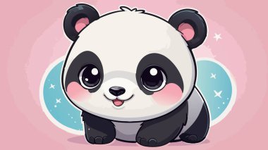 Büyük parlak gözleri ve pastel arka planı olan sevimli kawaii panda.