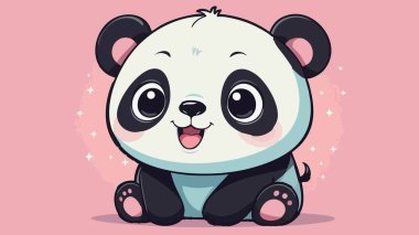 Şirin kawaii panda, büyük gözleri ve pastel pembe arka planda mutlu bir ifadesi var.
