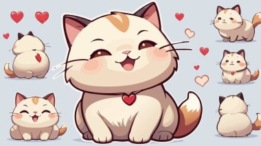 Sevimli kawaii kedi çizimi. Yürekli ve mutlu bir ifade.