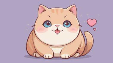 Şirin kawaii tombul kedi. Kocaman mavi gözleri ve kalpleri var.