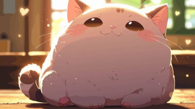 Şirin kawaii tombul kedi, güneşin altında güneşleniyor.
