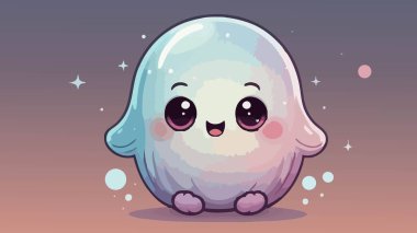 Parlayan gözleri ve pastel gradyanı olan sevimli tombul bir hayalet.