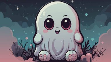 Büyülü bir gece sahnesinde büyük gözleri olan sevimli Kawaii hayaleti.