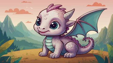 Şirin kawaii bebek ejderha. Büyük gözlü. Fantezi dünyasında bir tepede oturuyor.