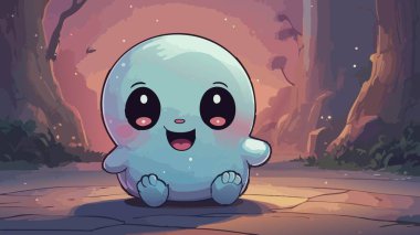 Şirin kawaii tombul yaratık Büyülü ormanda oturan büyük gözlü