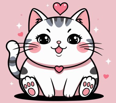 Sevimli kawaii kedisi, kalp tasması ve büyük gözleri var.