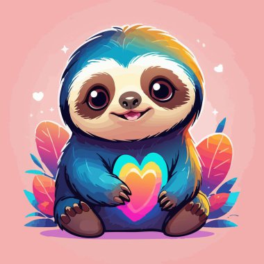 Sevimli kawaii tembel hayvanı Renkli bir kalp taşıyor