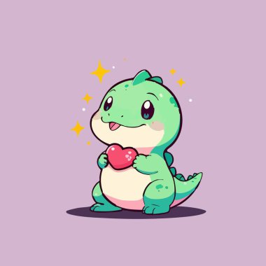 Sevimli kawaii dinozoru kalp taşıyor.