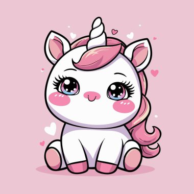 Sevimli kawaii tek boynuzlu atı pembe yelesi ve kalpleri var.