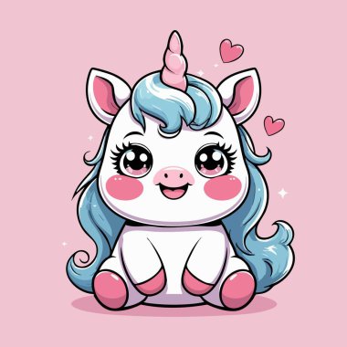 Tatlı kawaii tek boynuzlu at ışıl ışıl gözleri ve pastel renkleri var