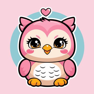 Sevimli pembe kawaii baykuşu. Büyük parlak gözleri ve sevimli bir kalbi var.