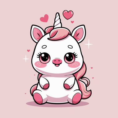 Şirin kawaii tek boynuzlu at pembe saçlı ve ışıl ışıl gözlü.