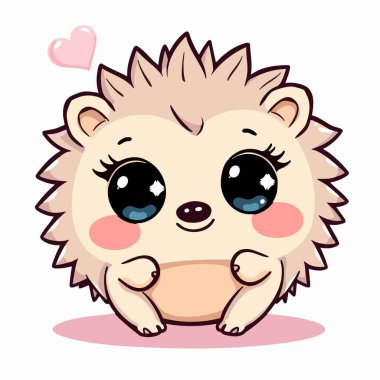 Tapılası kawaii kirpi çizimi, büyük parlak gözleri ve tatlı gülümsemesi var.