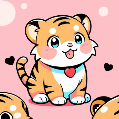 Sevimli kawaii kaplan yavrusu kalp tasması ve mutlu bir ifadeyle