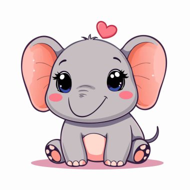 Büyük gözleri ve kalbi olan sevimli kawaii bebek fili.