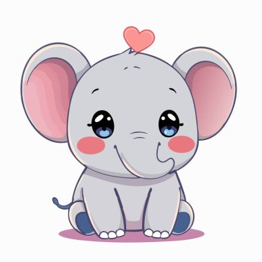 Şirin kawaii bebek fili, büyük parlak gözleri ve sevimli gülüşü var.