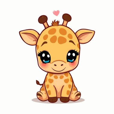 Şirin kawaii bebek zürafası. Kocaman gözleri ve kalbi var.