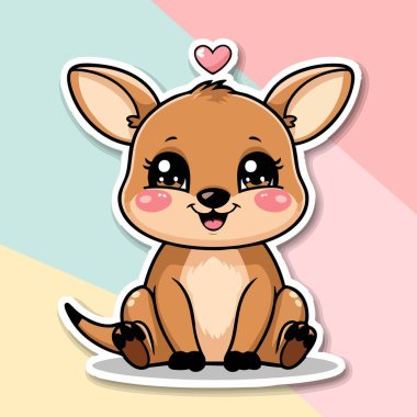 Şirin kawaii bebek kanguru. Kocaman gözleri ve mutlu bir gülümsemesi var.