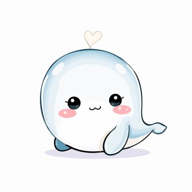 Şirin kawaii bebek balina. Yuvarlak vücutlu ve ışıl ışıl gözleri var.