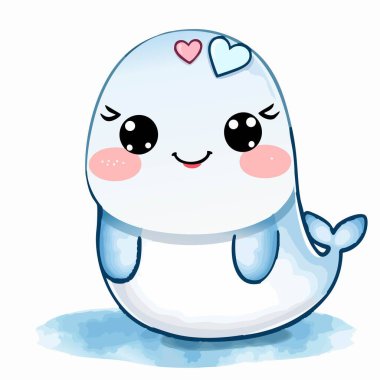 Sevimli kawaii bebek balinası, büyük parlak gözleri ve tatlı gülümsemesi var.